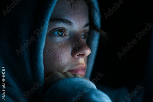 A clean, dramatic, moody shot of a person focused on a nighttime video call, with clean, soft blue screen light illuminating the face and simple, dark background, late-ni