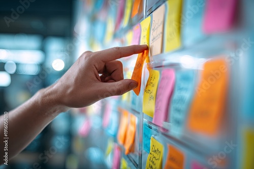 a hand moving a digital sticky note on a large touch screen for information architecture planning, affinity mapping, UX research, vector art, high resolution,