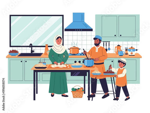 Muslim Family Working Together Preparing Dates and Food for Iftar