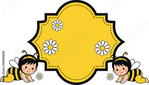 Adorable cartoon bees with yellow frame and flowers on white background