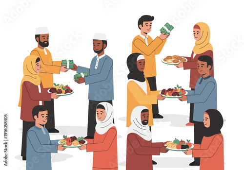 Group of muslim people sharing food and zakat money on eid mubarak