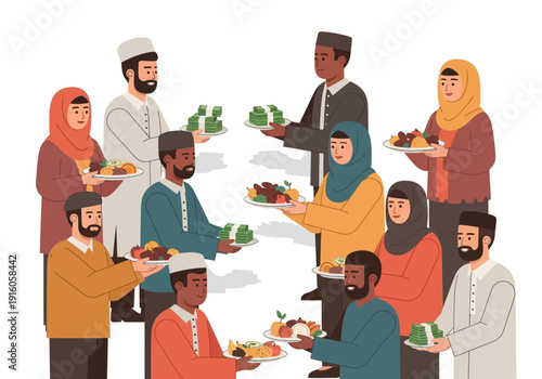 Muslim community giving each other food gifts and cash money illustration 