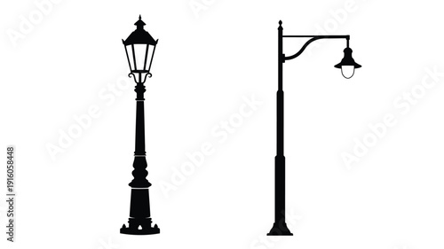 Two antique street lamps depicted in a stark black silhouette