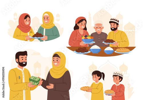 Collection of muslim charity activities giving staple food and zakat money