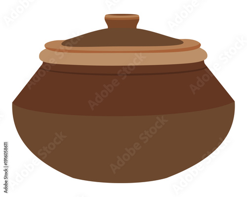 Traditional clay cooking pot with lid flat illustration