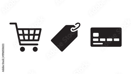 Shopping cart, price tag, and credit card icons in simple flat design with black color on white background for e-commerce