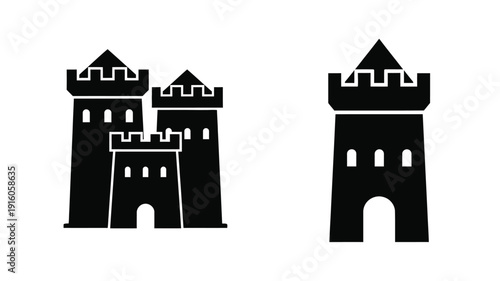 Two black castle silhouettes with distinct architectural details