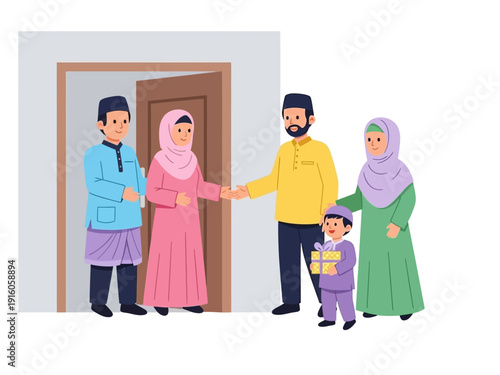 Happy Family Visiting and Bringing Gifts During Eid Celebration 
