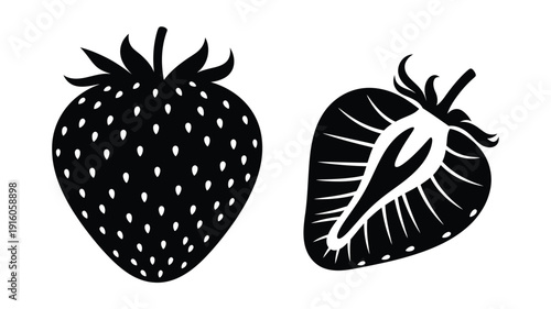 Two strawberries depicted in a striking black silhouette