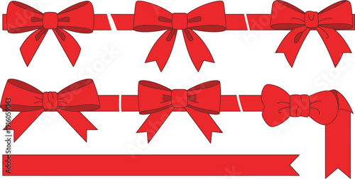 Collection of red bows and ribbon on white background gift present