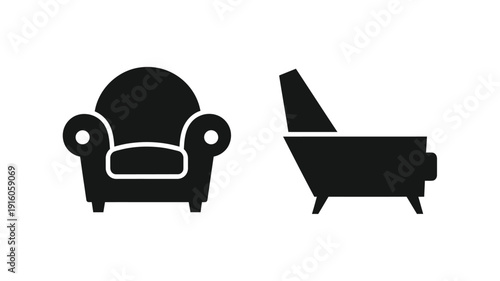 Simple black furniture icons depicting chair and sofa a flat silhouette