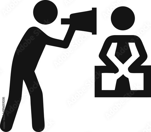 Motivated speaker delivering instructions through a megaphone to another listening person