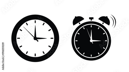 Two black clocks showing time a distinctive silhouette