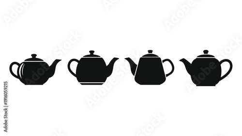 A row of four black teapots in distinctive silhouette
