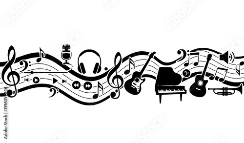 SEO Friendly Title
Musical notes wave vector with clef symbols instruments and music player buttons in monochrome style