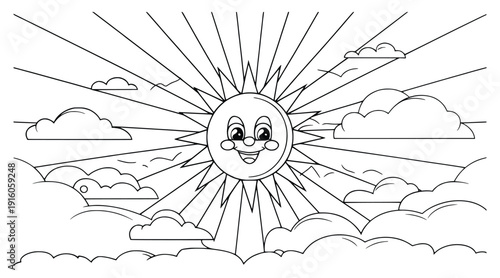 Smiling Sun and Clouds: A cheerful sun, radiating beams of light, dances amidst fluffy clouds, bringing joy and a sense of calm to the viewer.
