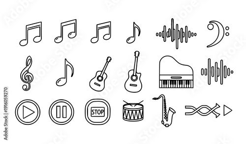 Friendly Title
Outline music icon set with musical notes clefs instruments and media control buttons vector illustration