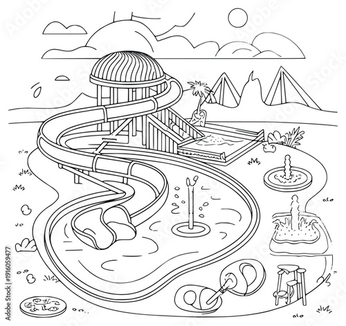 Playground Illustration: A playful black and white illustration of an inviting water park, featuring a towering water slide, a refreshing pool, and other exciting elements under a bright sun.