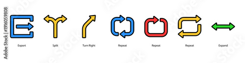 Workflow and Routing web banner vector illustration featuring Export, Split, Turn Right, Repeat, Repeat, Repeat, and Expand, representing workflow, process cycles, and data routing.