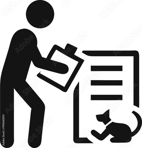 Person completing essential paperwork for a beloved pet cat and administrative tasks