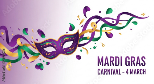 Vibrant mardi gras carnival mask with purple green and gold ribbons and confetti on white background