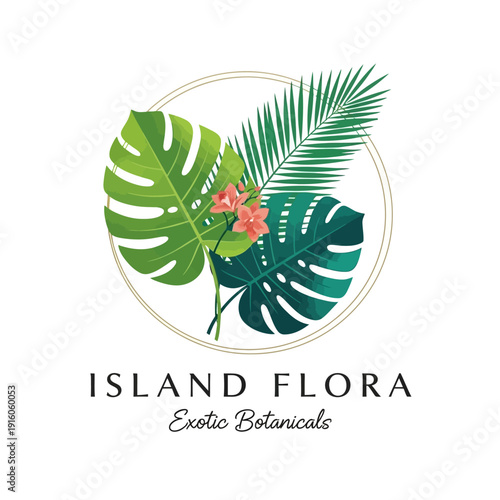 Minimalist tropical floral emblem with exotic monstera leaves and palm fronds alongside delicate pink blossoms, gracefully framed by a golden circle, conveying natural beauty