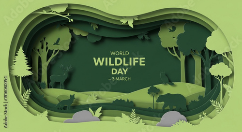 World wildlife day illustration with 3d forest landscape and conservation theme on green background