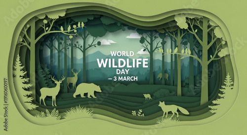 World wildlife day illustration with animals in forest landscape march 3rd awareness campaign
