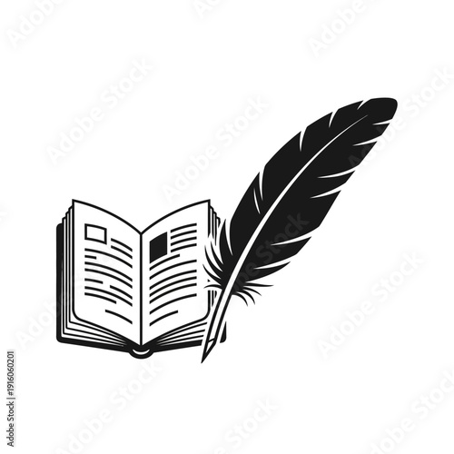 Classic open book and elegant feather quill illustration, symbolizing the timeless art of writing, wisdom, education, literature, and scholarly pursuits
