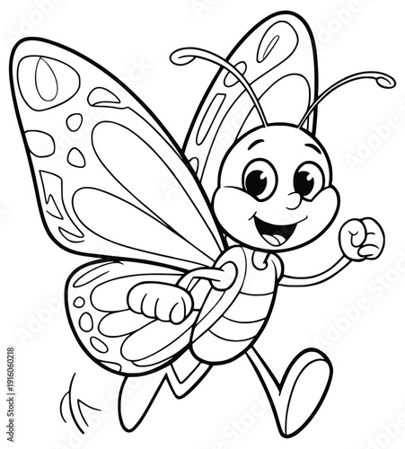 Whimsical Butterfly on the Go: A charming cartoon butterfly joyfully runs with wings outspread, radiating an image of innocence and delight. 