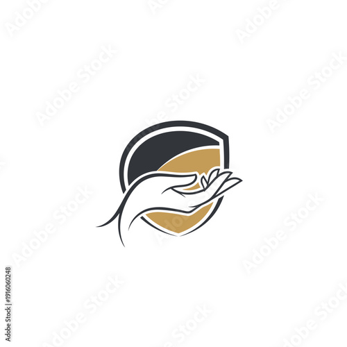 Modern emblem featuring an open hand cradled within a stylized shield, representing protection, care, and reliable support. A design for security and trusted service concepts