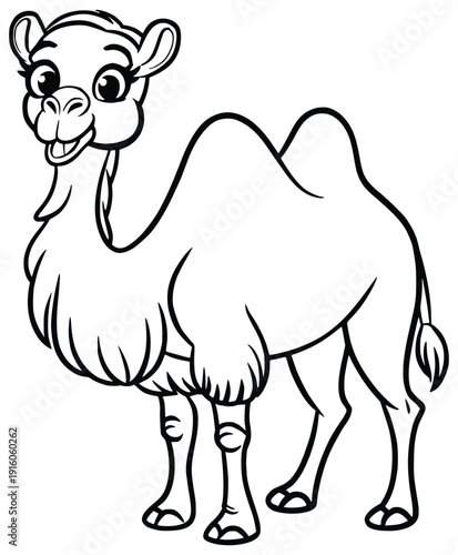 Cheerful Camel Illustration: A charming line art illustration of a cheerful camel, depicting its iconic hump and friendly demeanor, perfect for educational or creative projects.