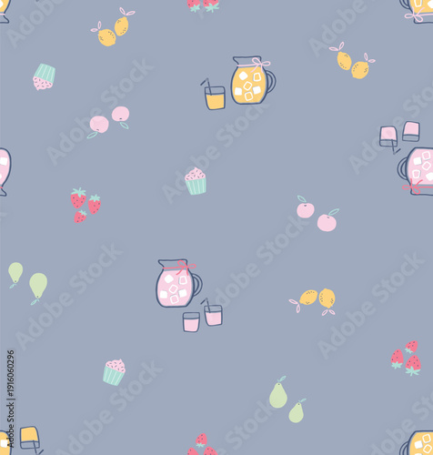 Seamless summer picnic pattern. Cute lemonade pitcher, cupcake, and fruit background. Sweet tea party textile design.