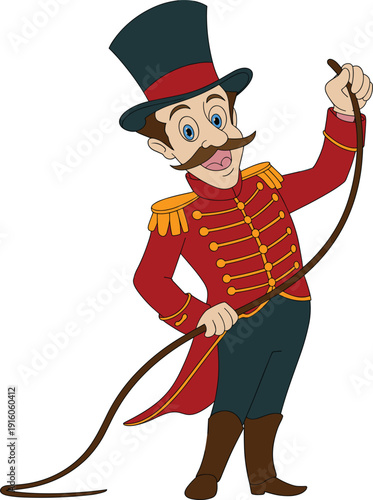 Cute cartoon ringmaster holding whip wearing red circus uniform and top hat, smiling vintage circus character illustration isolated on white background