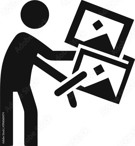 Person Icon Holding Multiple Image Frames Representing Content Creation or Portfolio Curation