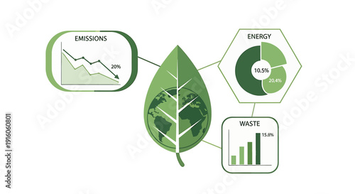 A visual representation of environmental sustainability metrics, including emissions reduction, energy consumption, and waste management data.