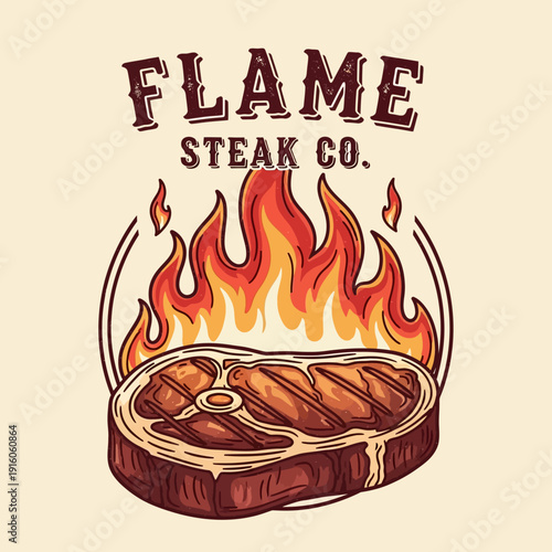 Sizzling grilled beef steak with fiery flames, presented in a classic vintage style emblem, perfect for a quality culinary establishment or gourmet restaurant brand