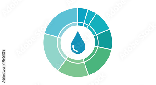 Circular graphic with a central water drop icon surrounded by segmented rings in shades of blue and green, representing water conservation or environmental data.