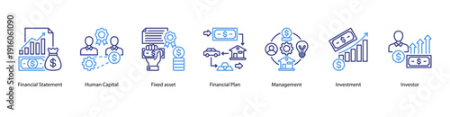 Capital Investment web banner vector illustration featuring Financial Statement, Human Capital, Fixed Asset, Financial Plan, Management, Investment, and Investor.