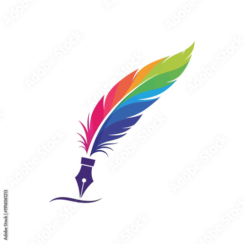 Colorful quill pen icon with flowing ink, symbolizing creativity, writing, and artistic expression in a vibrant spectrum of hues on a clean white background