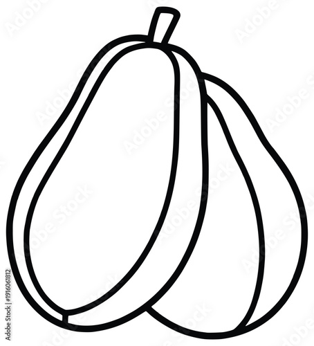 Papaya: An artistic depiction of several papayas, showcasing their smooth skin and unique oblong shape, is presented in monochrome lines on an airy background.