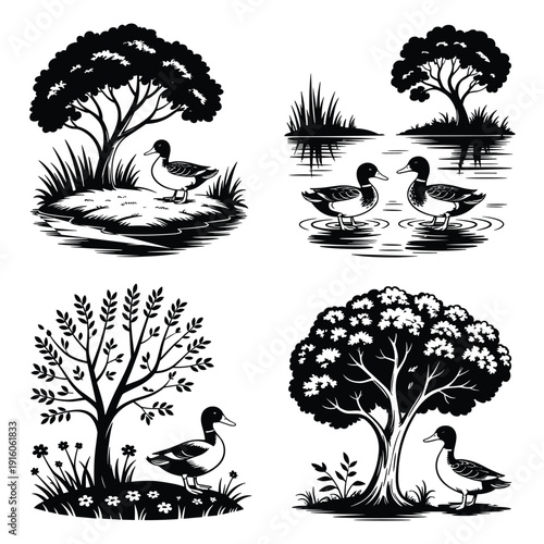 Ducks in Natural Settings with Trees and Water Stylized Silhouette Artwork