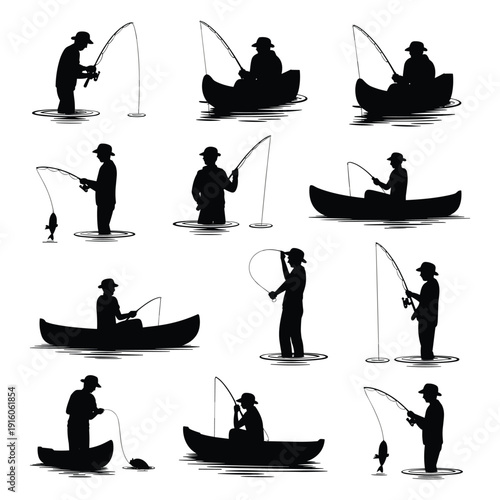Fisherman Silhouette Collection in Canoe and Water with Rods and Fish Catch