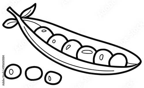 Pea Pod Illustration: A charming black and white illustration of a fresh pea pod, bursting with plump, verdant peas, a symbol of nature's bounty and culinary delight.
