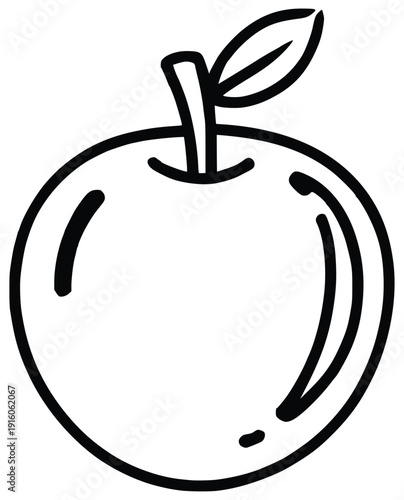 Apple illustration: a simple and elegant illustration of a ripe apple with a single leaf, perfect for adding a touch of freshness to any project.