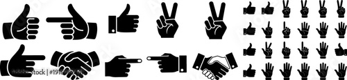 Collection of hand gestures icons, thumbs up, pointing finger, handshake, and peace sign for communication and success.
Keywords: