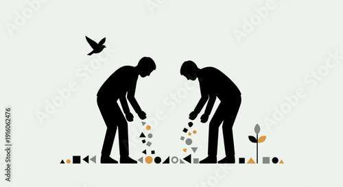 Two people planting geometric shapes in ground with bird flying overhead