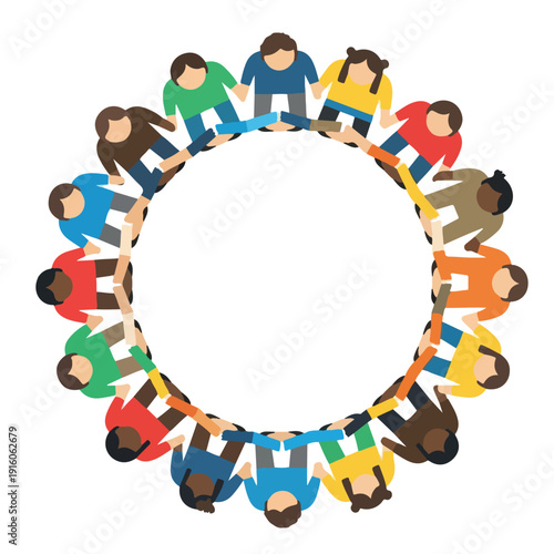 A vibrant illustration of diverse people forming a perfect circle, holding hands to symbolize global unity, community, teamwork, and social inclusion