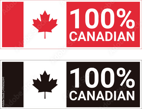 Two Canadian flag inspired rectangular signs one red and white and one black and white with 100