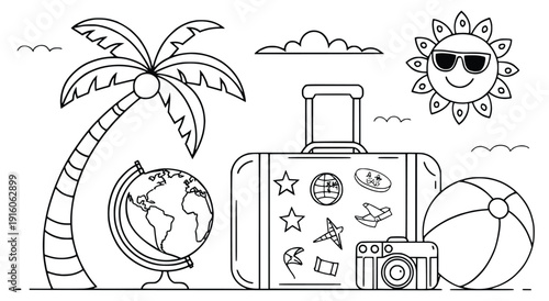 Journey Essentials: A minimalist outline, portraying the essential elements of a journey, featuring a suitcase adorned with travel stickers, a globe, a camera, a beach ball, a palm, and a happy sun